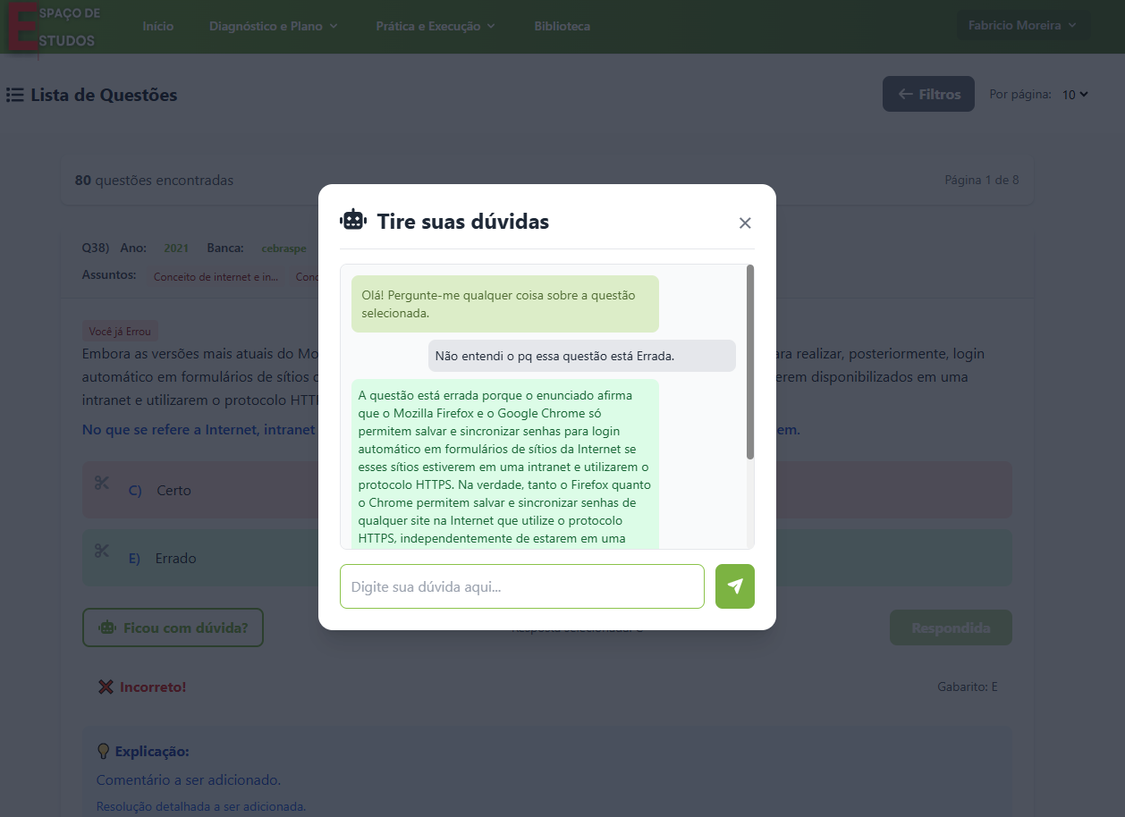 Interface de resolução de questão com um botão para tirar dúvidas com a IA